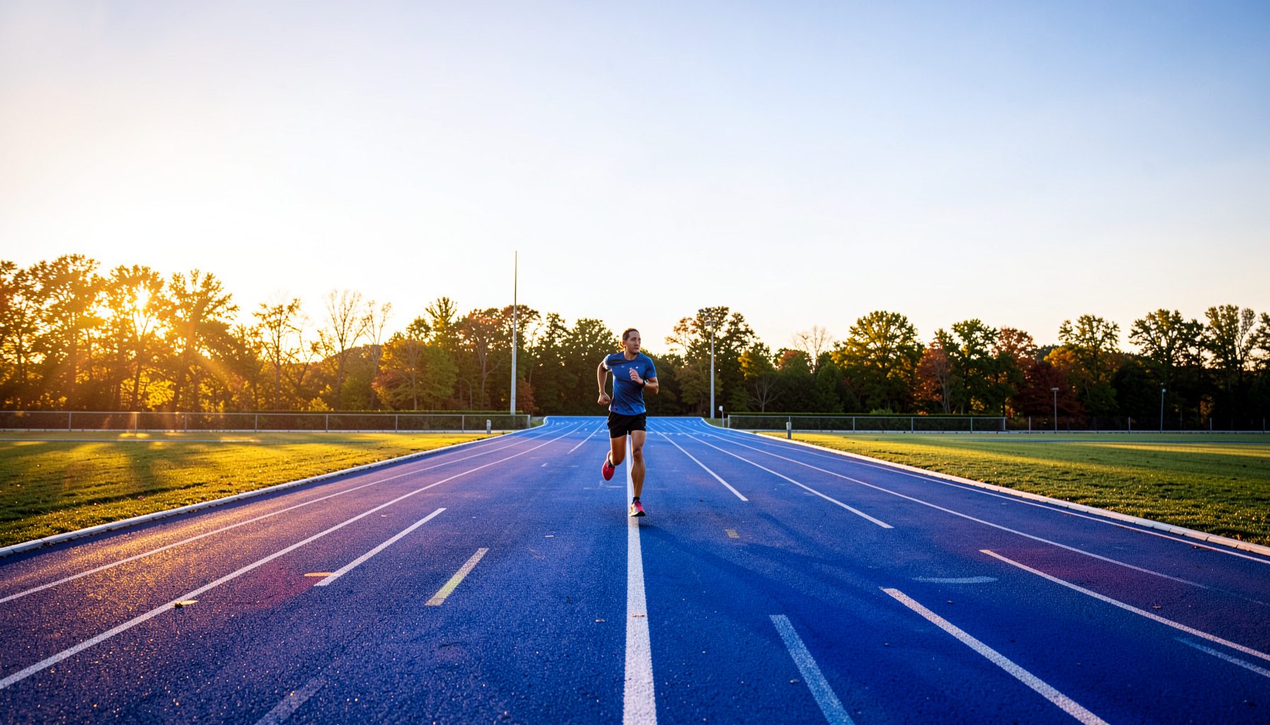 A person running on an outdoor track at sunrise, with golden light illuminating the lane markings and distant trees.